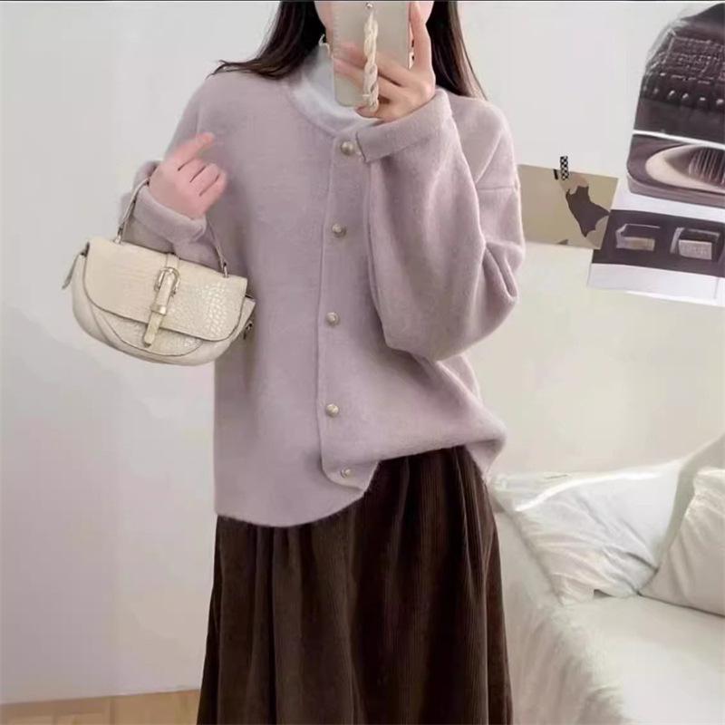 Single-breasted simple wind knitted sweater jacket autumn and winter new loose soft waxy round neck versatile sweater cardigan women