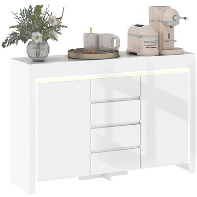 Wohnzimmer Sideboard, Stauraummöbel mit LED-Beleuchtung 4 Schubladen Soft-Close Türen 120 x 34 x 80 cm, Hochglanz Weiß