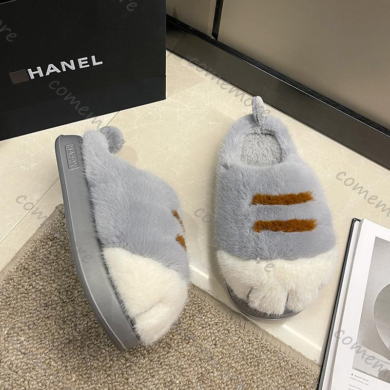 Fashion Comemore Cute Tiger Paw Cotton Slippers for Women Thick Bottom Indoor Warm Furry Cotton Shoes Winter Cartoon Flat Fur Slippers