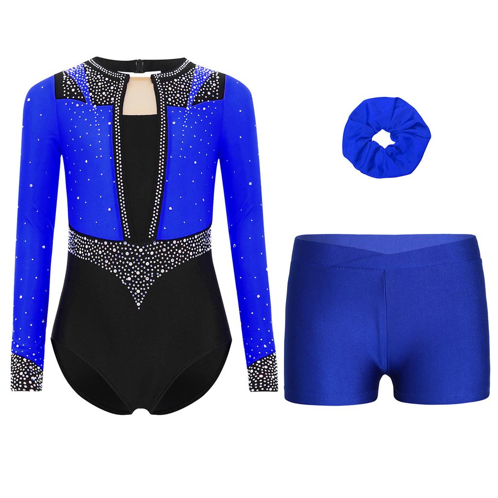 Girls Gymnastics Figure Skating Dance Set 3Pcs: Long Sleeve Keyhole Back Rhinestone Leotard with V-Front Shorts & Hair Band