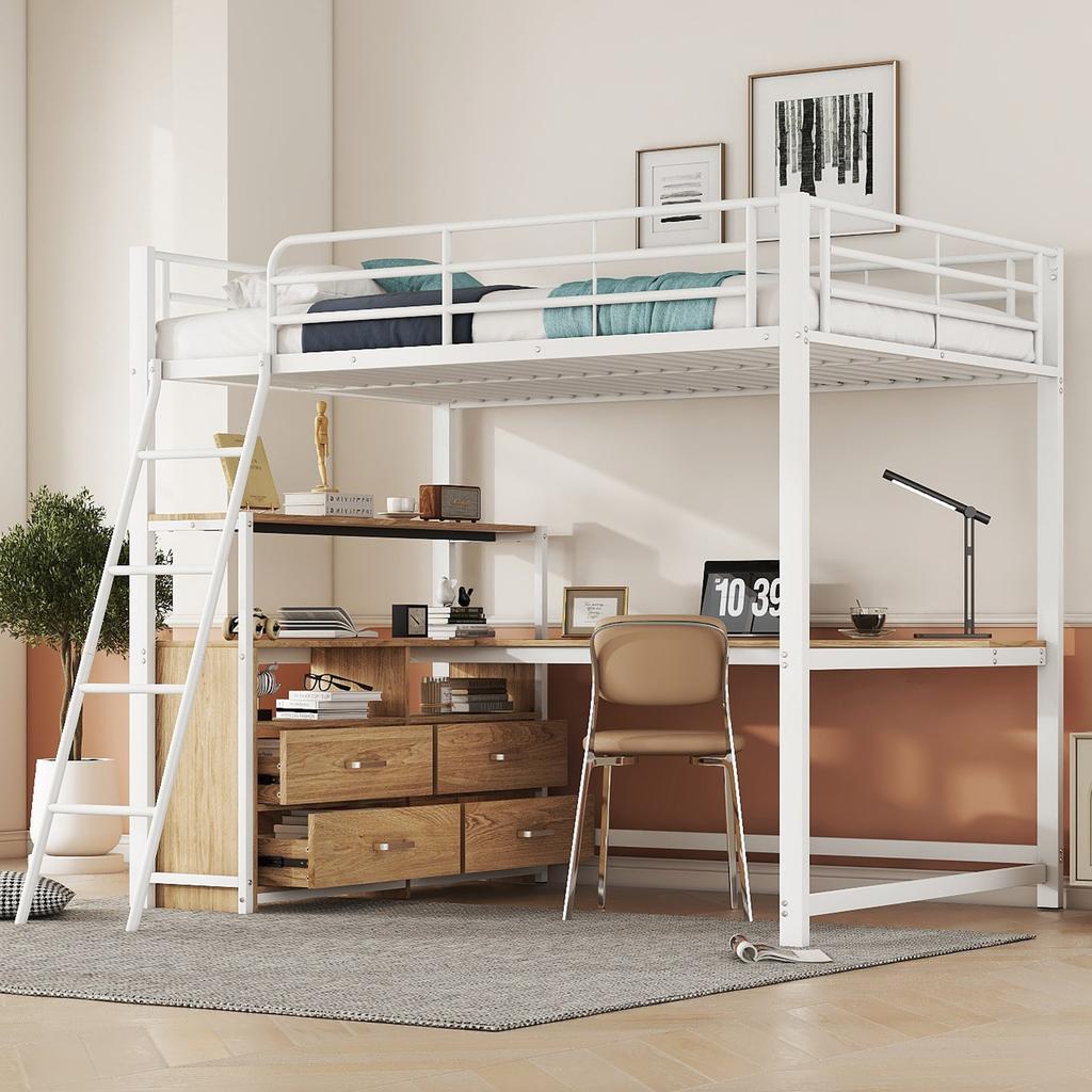 Letto a soppalco, 140*200cm, Struttura in Ferro, Cassetti Pratici, Scrivania Angolare Elegante, Design Laminato, Senza Materasso, Bianco
