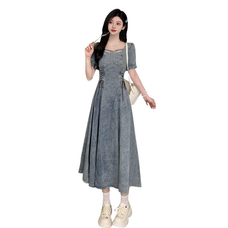 Plus Size Denim Puff Sleeve Square Neck Summer Dress for Women