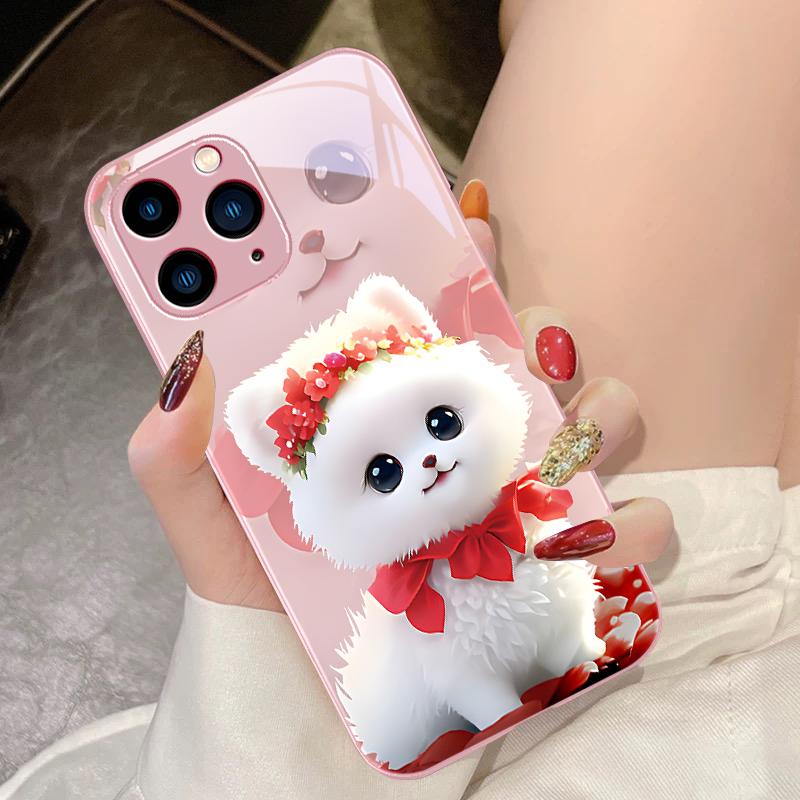 Cute Little Dog Green For IPhone 16 Pro Max 15 Pro 14 13 12 Mini 11 XS Max XR 7 8 Plu SE 2022 Tempered Glass Phone Case