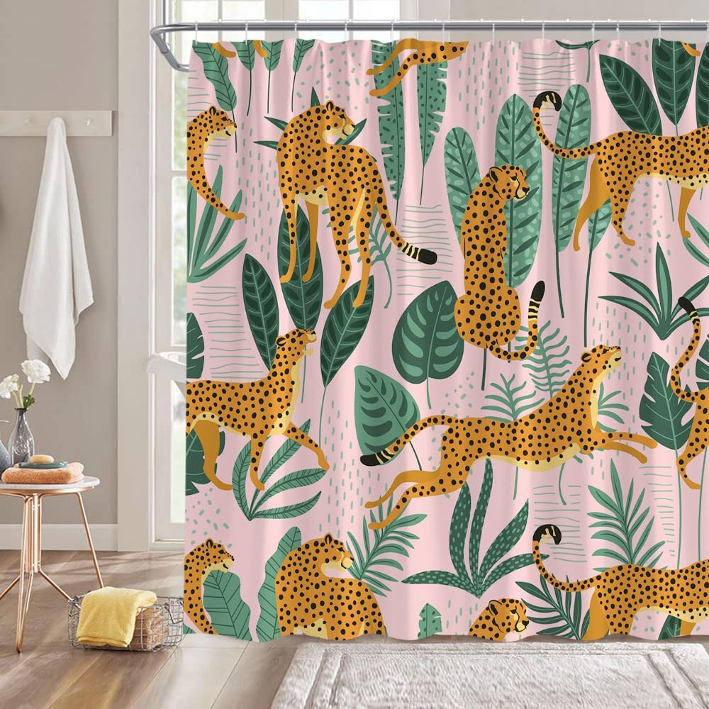 Leopard Palm Shower Curtain - Cheetah Tropical Jungle, Pink Yellow Green, Boho Modern Art, Polyester, Includes Hooks, Bath Decor