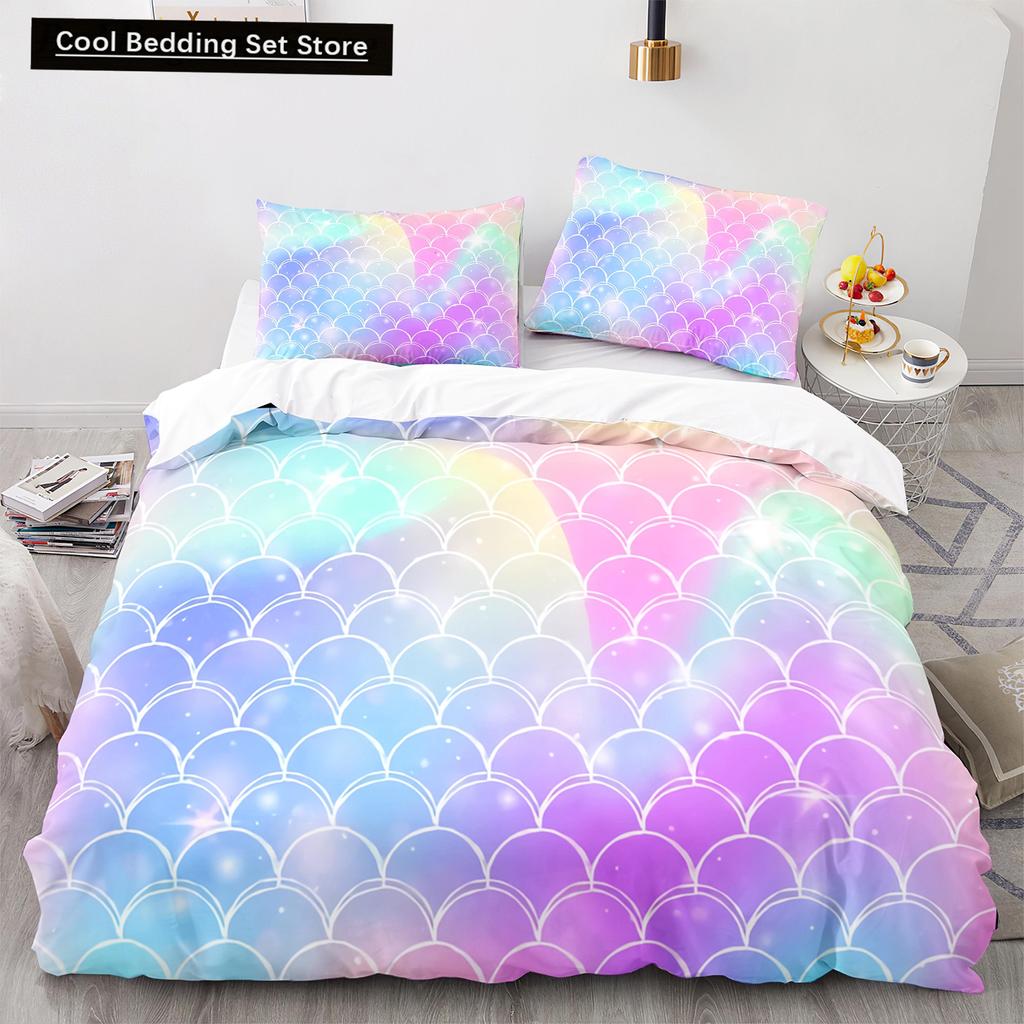 Mermaid Tail Duvet Cover King Queen Size Kids Fish Scales Bedding Set Girly Ocean Animal Princess 2/3pcs Polyester Quilt Cover