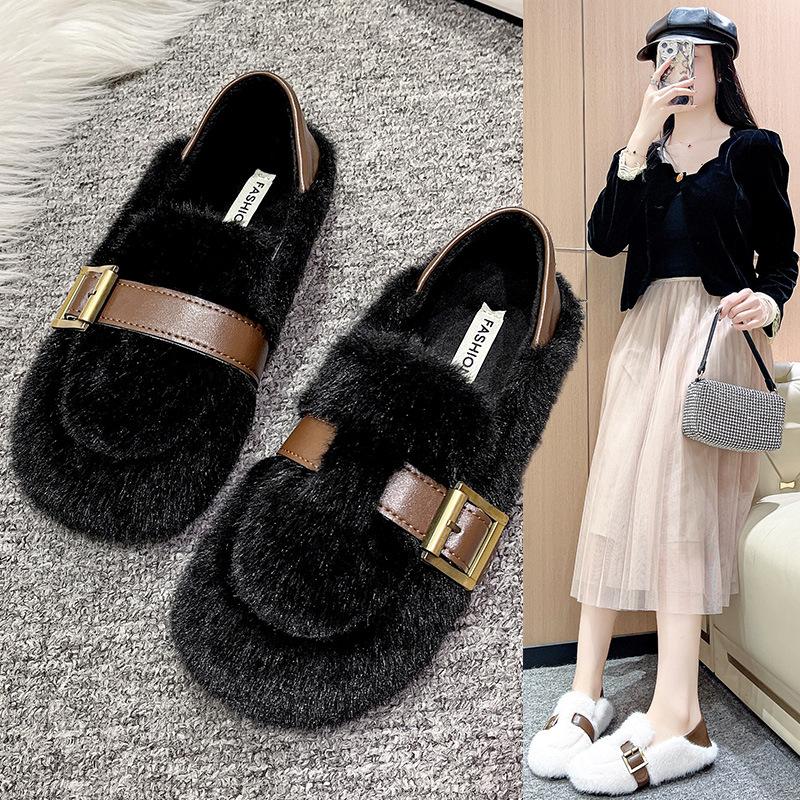 Soft-soled Fluffy Shoes Women's 2025 New Autumn and Winter Korean Version Round Head Velvet Cotton Shoes One Pedal Doudou Shoes Cotton Shoes Women's