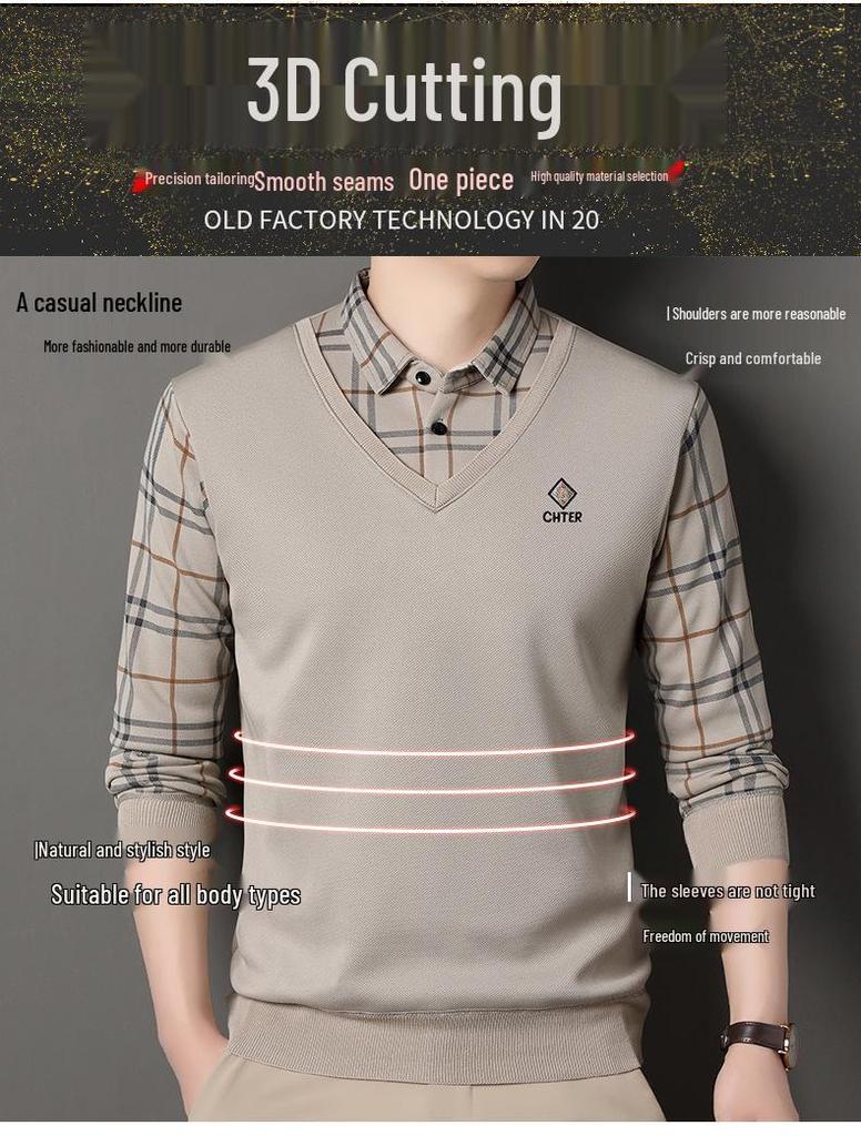 Men's Fleece-Lined Two-Piece Shirt Collar Knitted Sweater - Autumn/Winter Warm Base Layer