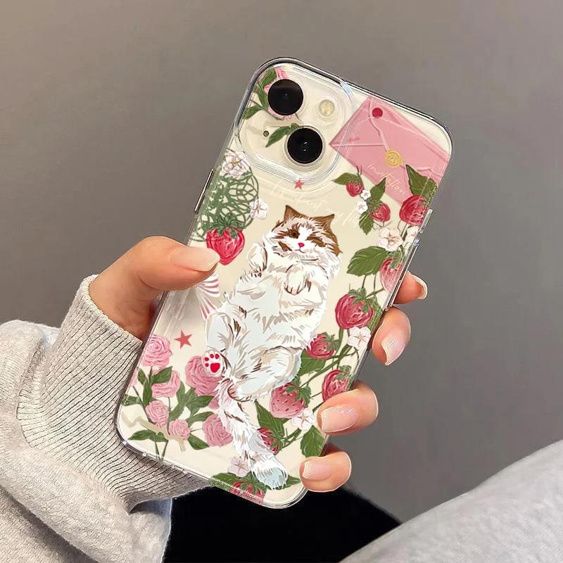 Cute Ragdoll Cat Strawberry Rose Case for iPhone 17 Air 16 15 14 Plus 13 12 Mini 11 Pro Max Liquid Silicone Soft Cover funda