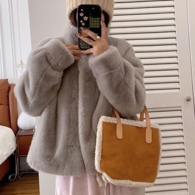 

Жіночі Товсті Куртки з Штучного Хутра Норки Вільного Крою Топи Зимові Теплі З Комірцем-Стійкою Однобортні Пальта Повсякденні Корейські Однотонні Пальта Блузи Нові XL світло-сірого кольору