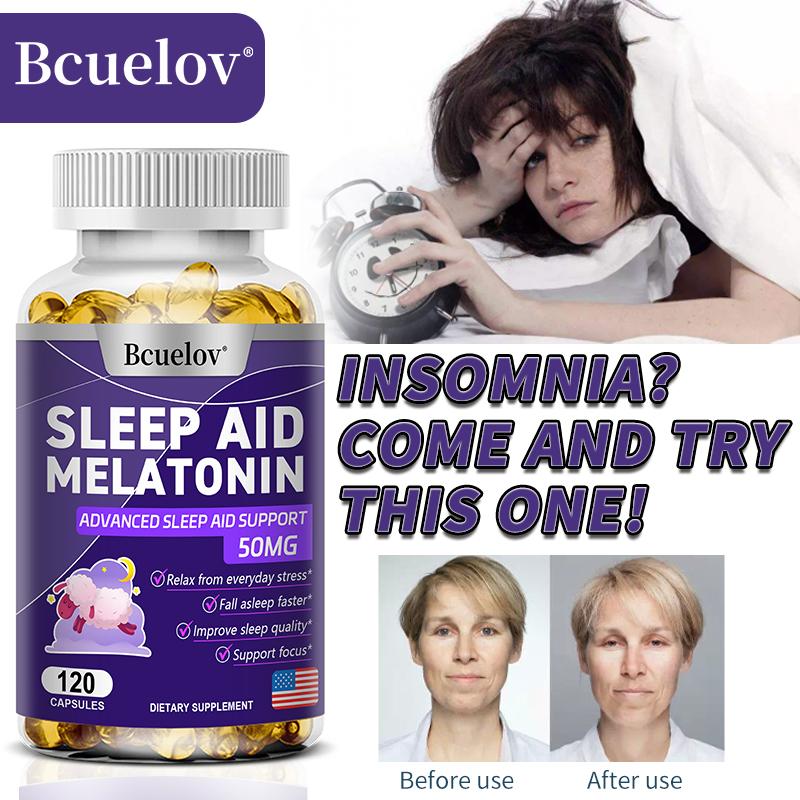 Bcuelov Melatonin Sleep Aid Capsules 50mg Melatonin Magnesium Theanine combined with Chamomile and other herbs improve sleep quality