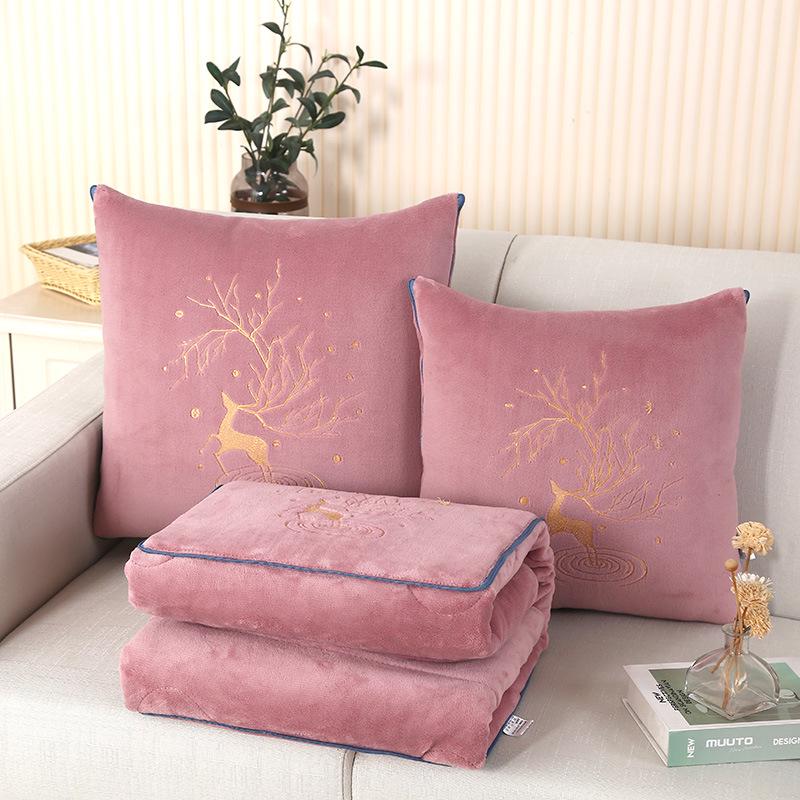 Dual-Use Pillow & Blanket: Crystal Velvet Embroidered Cushion for Car & Office Naps