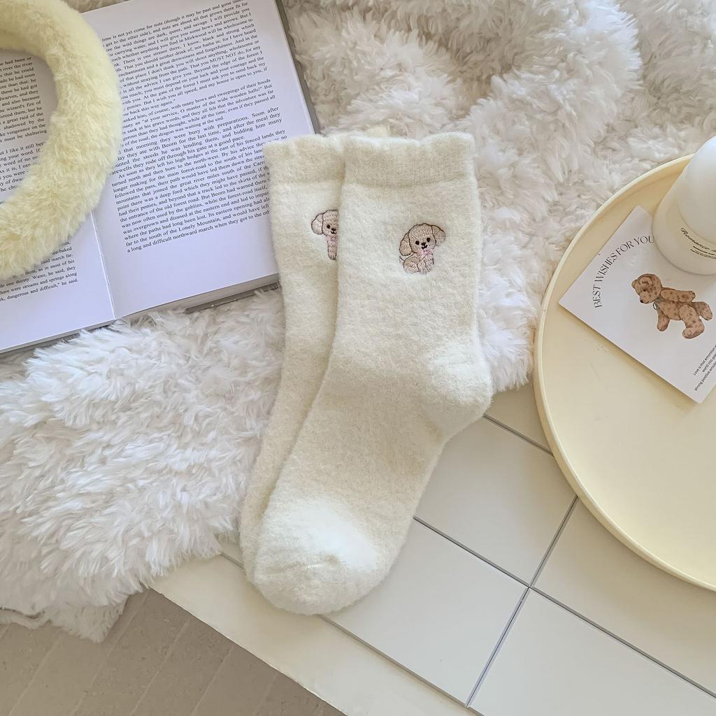 Ladies Autumn Winter Thickened Warm Everything Cute Embroidered Puppy White Lace Mid Socks