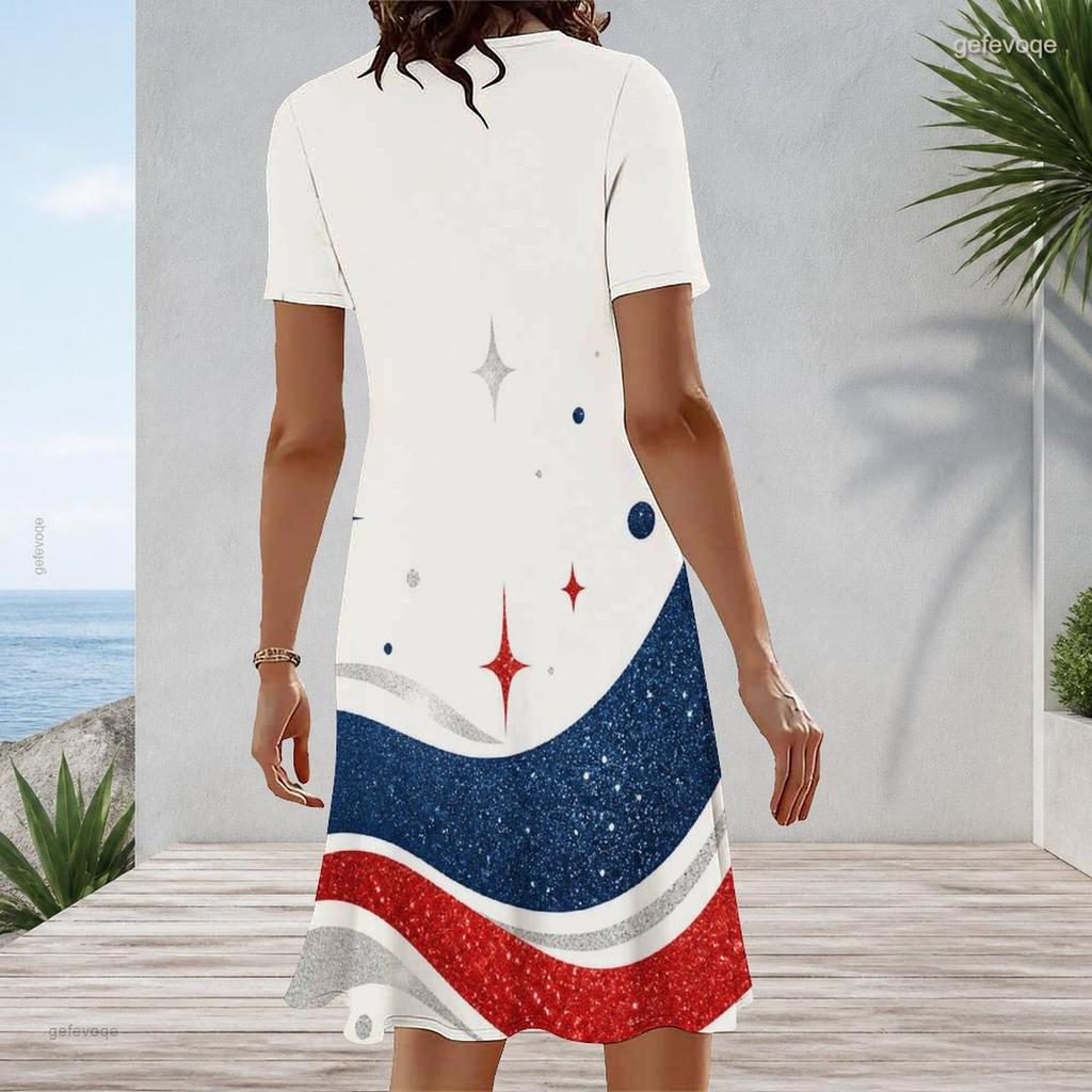 Women Plus Size Round Neck Short Sleeve Star Printed A Line Dress Red White Blue
