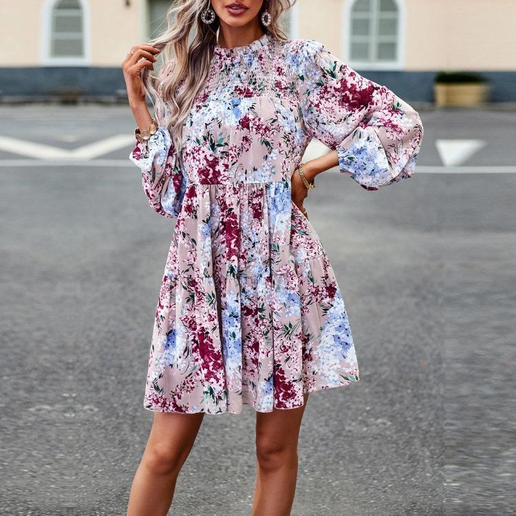 Women Floral Printed Casual Loose Fit Dress Long Sleeve Short O Neck All Match