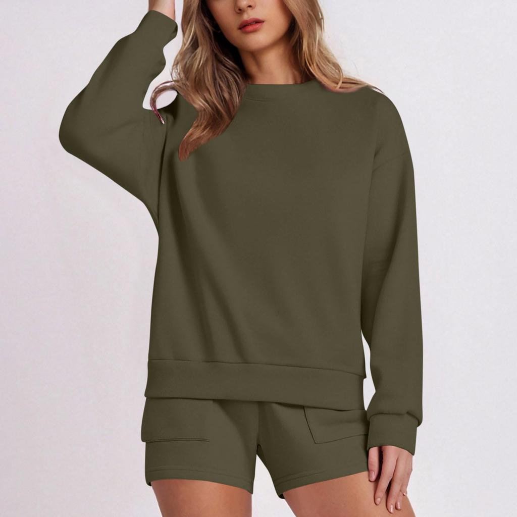 Women's Fashion Sportswear Casual Long-Sleeved Pullover Sweatshirt Drawstring Shorts Set