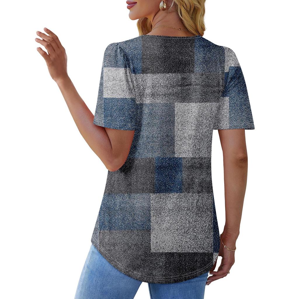 T-Shirts für Damen, plissiert, quadratischer Ausschnitt, elegante, lässige Blusen, bedruckt, kurzärmelig, Sommeroberteile, lockere Passform