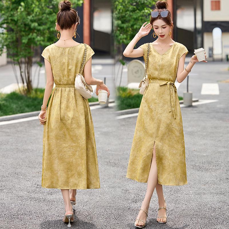 

Летнее женское платье из шелкового жаккарда с цветочным узором, приталенное, средней длины, с поясом-завязкой, 2025 XXL (125-135 lbs) имбирный/жёлтый