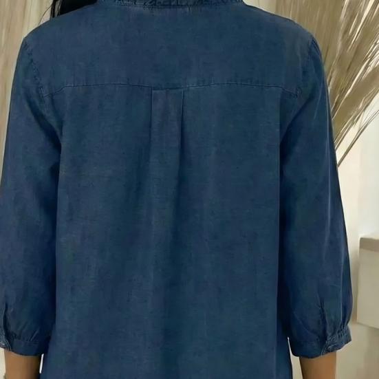 Women Tops V-Neck 3/4 Sleeve Ruffle Trim Shirt Tops Loose Fit Pure Color Casual Imitation Denim Shirt Tops Daily Wear
