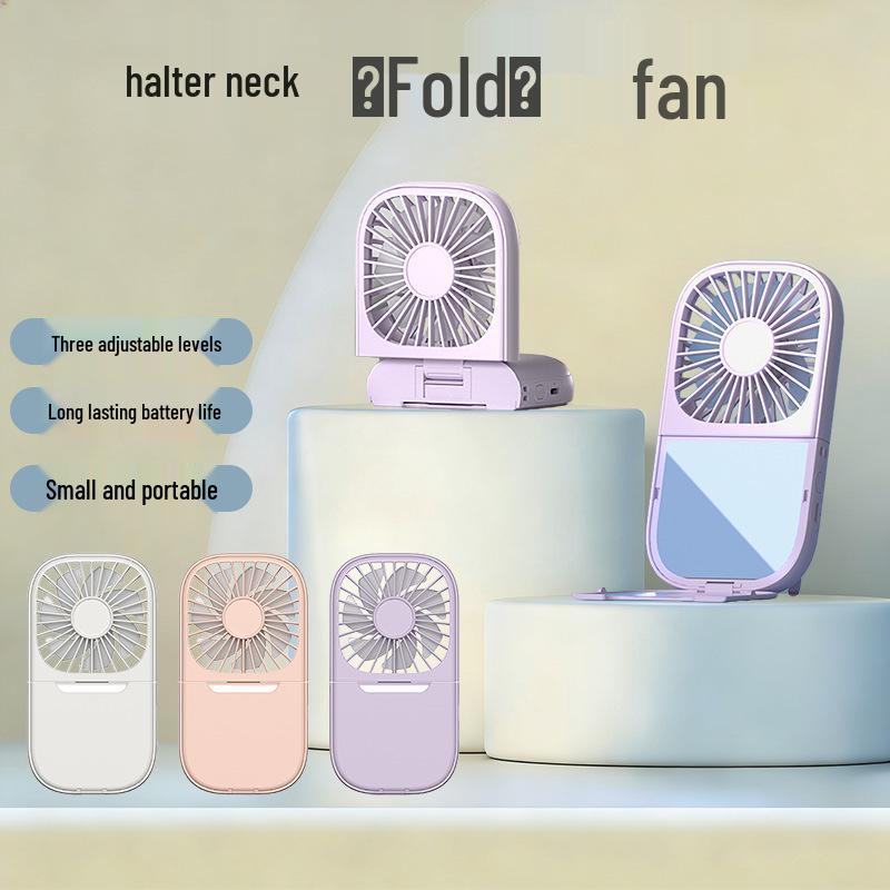 Portable Neck-Hanging Fan with Makeup Mirror, Foldable Phone Holder, and Charging Capability