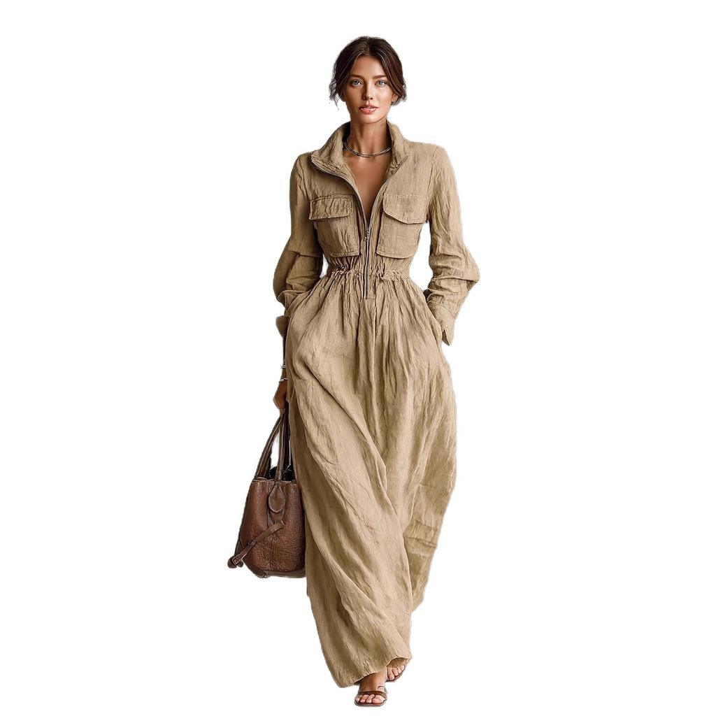 Women's Dark Brown Long Sleeve Zip Front Jumpsuit with Drawstring Waist