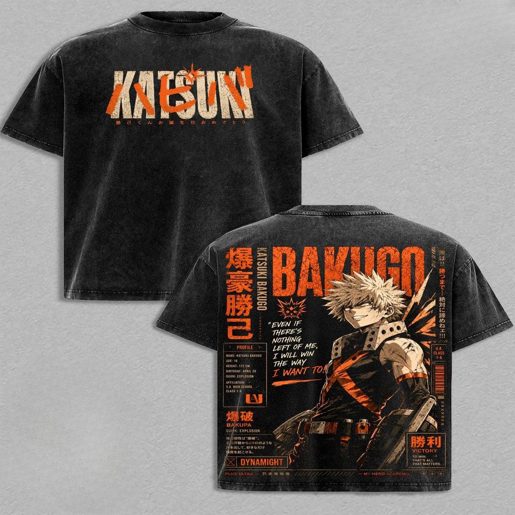 Anime My Hero Academia Katsuki Bakugo Graphic T Shirt Men Short Sleeve Clothing Loose Tshirt Washed Cotton Tee Casual T-shirt