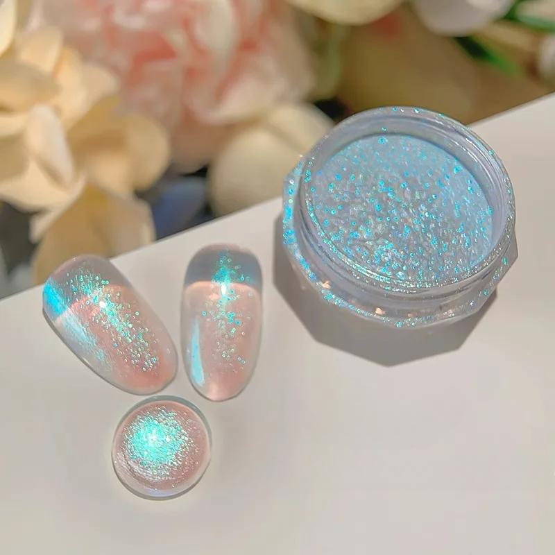 1 borcan Fairy Blue Ice transparent Nail Art pudră lucioasă strălucitoare pigment pentru unghii manichiură Aurora pudră frecare praf