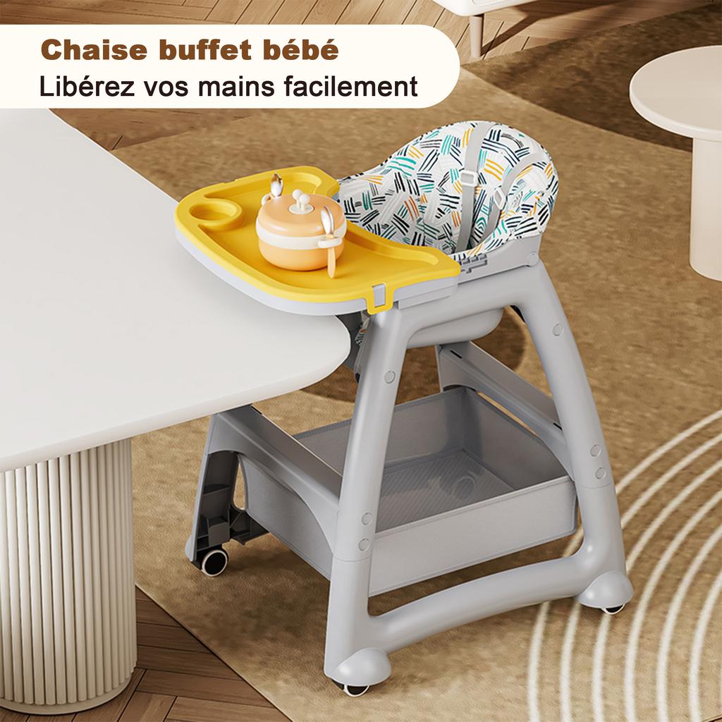 Chaise Haute pour Enfants avec 3 Assiettes Repas Interchangeables en PP, Harnais 5 Points, Roues Bloquables et Plateau Amovible - Pour 6 Mois à 3 Ans