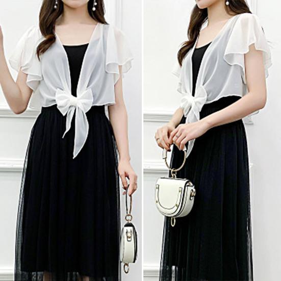 Ruffle Sleeve See-Through Front Lace-up Lady Cover-Up Chiffon Short Jacket Sunscreen
