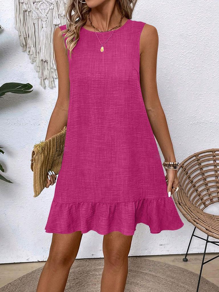 Women's Round Neck Sleeveless Mini Dress Loose Mid Waist A Line Dress Ruffle Hem Solid Polyester Casual Summer Beach Outfit