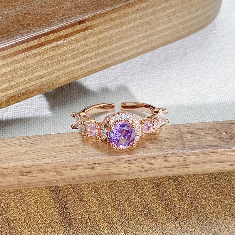 Rose Gold Purple Full Diamond Zircon Geometric Opening Ring Personality Light Luxury High Sense Retro Exquisite Ring Woman
