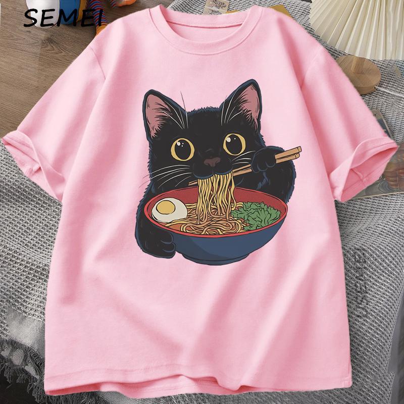 Ramen Katt T-shirt Kattälskare T-shirt Kawaii Tecknad Bomull Kortärmad T-shirts Barnkläder T-shirt Toppar