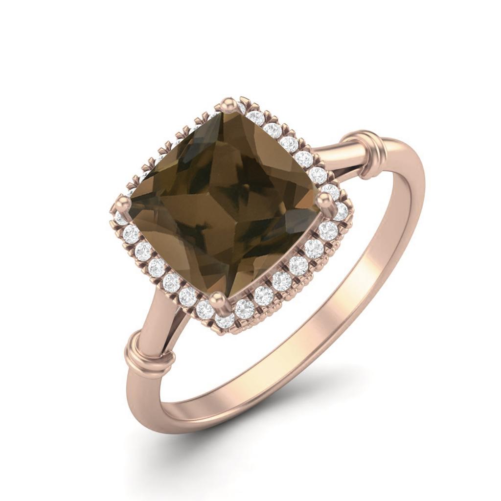 2.86 Ctw Cushion Smoky Quartz 925 Sterling Silver Rose Vermeil Solitaire Halo Women Wedding Ring