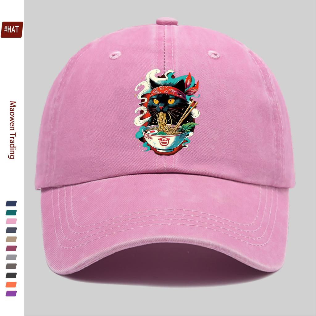 pc Japanese Anime Cat Ramen Print Trucker Cap Adjustable Buckle Strap Washed Baseball Hat Suitable for Men Women Vintage