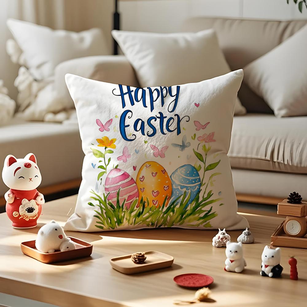 Happy Easter Bunny Cushion Cover Silky Short Plush with Invisible Zipper Dustproof Sofa Pillow Case for Home Decor