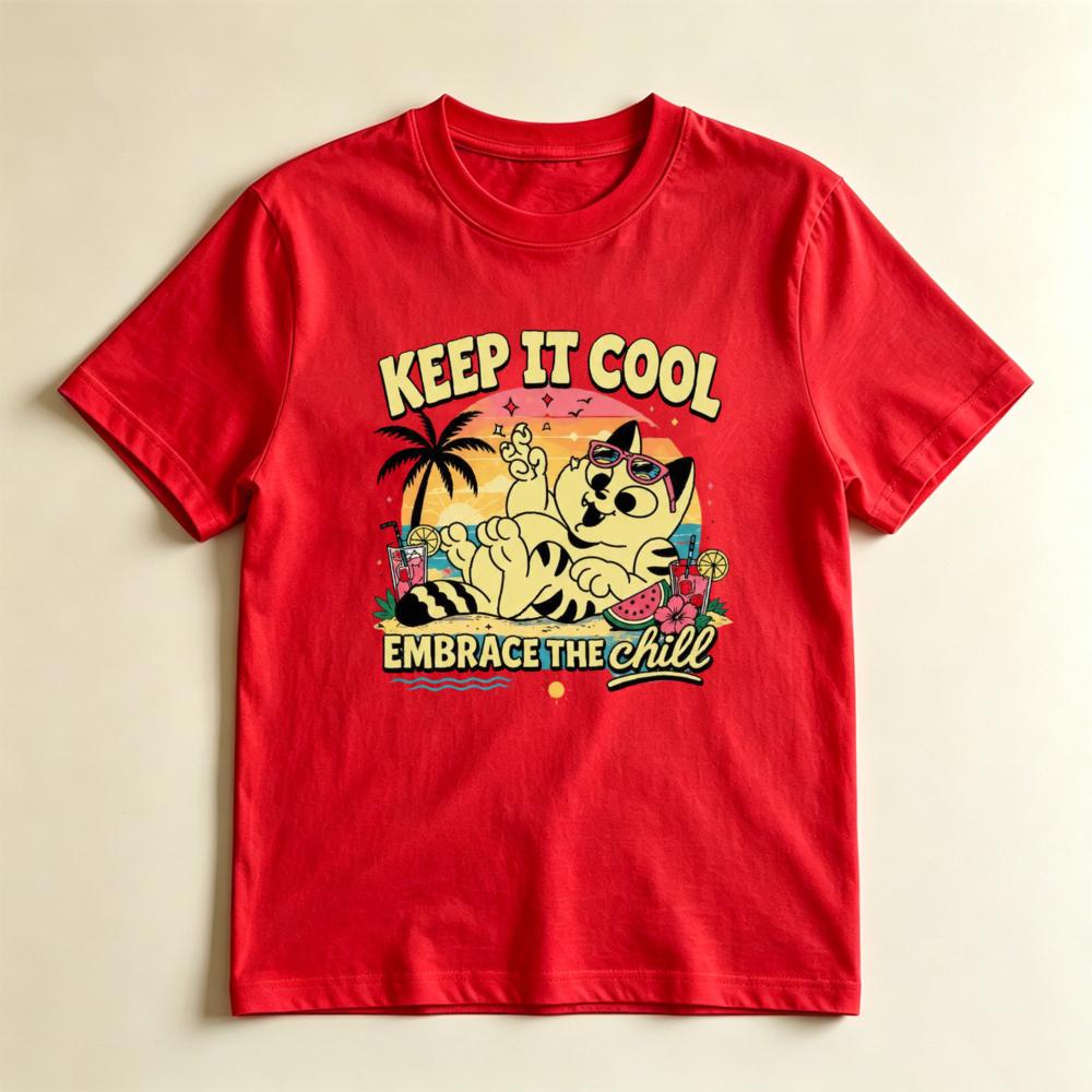 Retro Summer Cat Tee Keep It Cool Embrace The Chill Beach Vibes Vacation Cat Lover Graphic TShirt Unisex Crewneck Cotton Shirt S