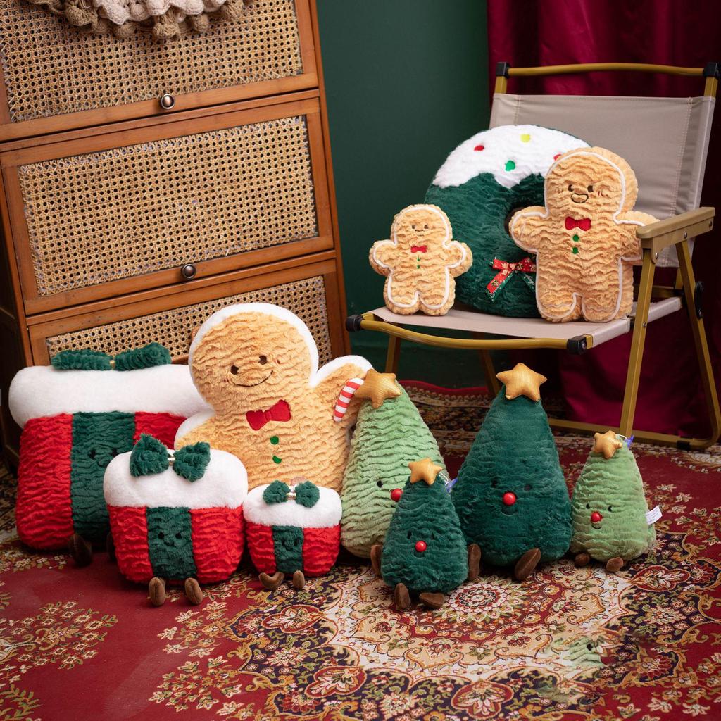 Festive Christmas Tree & Gingerbread Man Plush Cushion, New Year Gift & Wreath