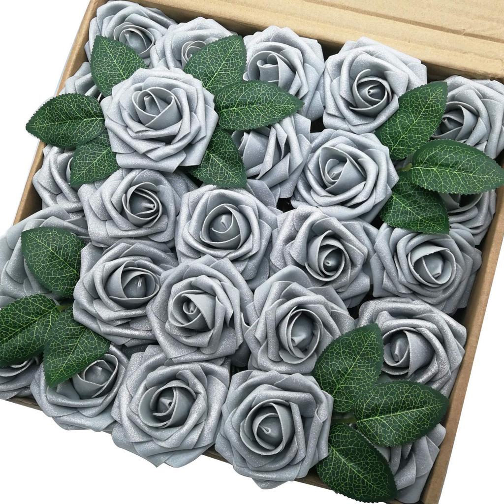 Home Artificial Flower 25PCS Silver Grey Fake Roses with Stem for DIY Wedding Bouquets Party Baby Shower Home Decortions