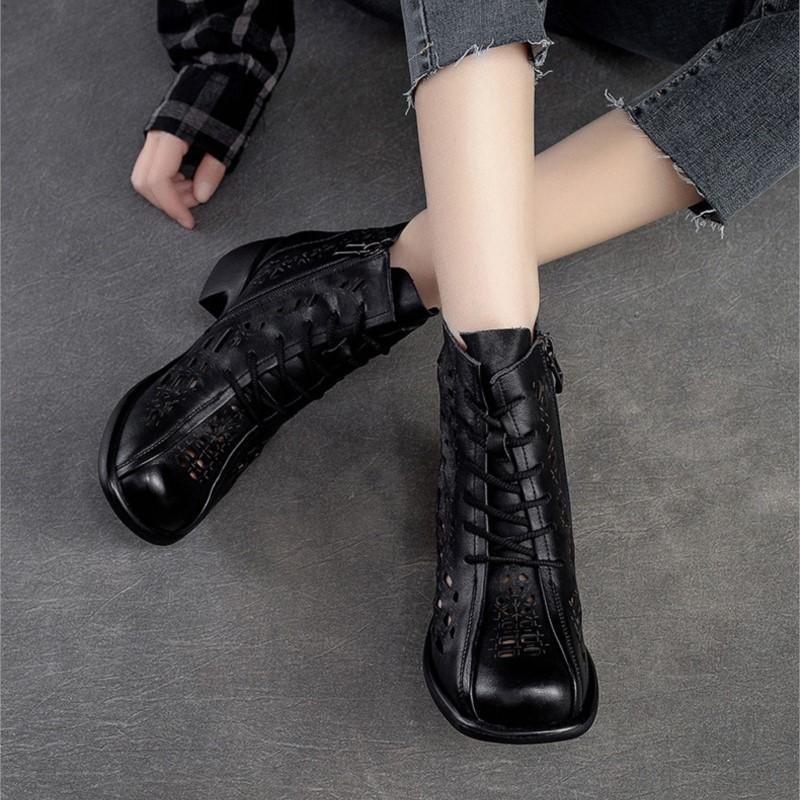 Johnature Stivali traspiranti scavati estivi Sandali con punta tonda retrò in vera pelle Scarpe con tacco medio da donna