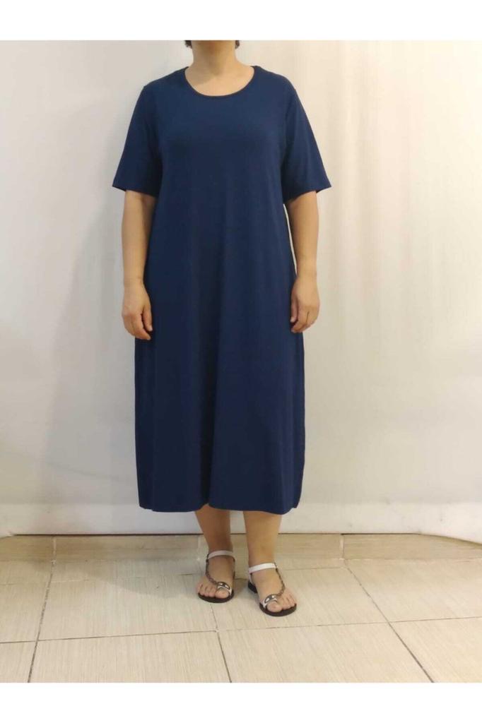 Dámské šaty velké velikosti, tmavě modré, česané bavlněné viskózové šaty s krátkým rukávem