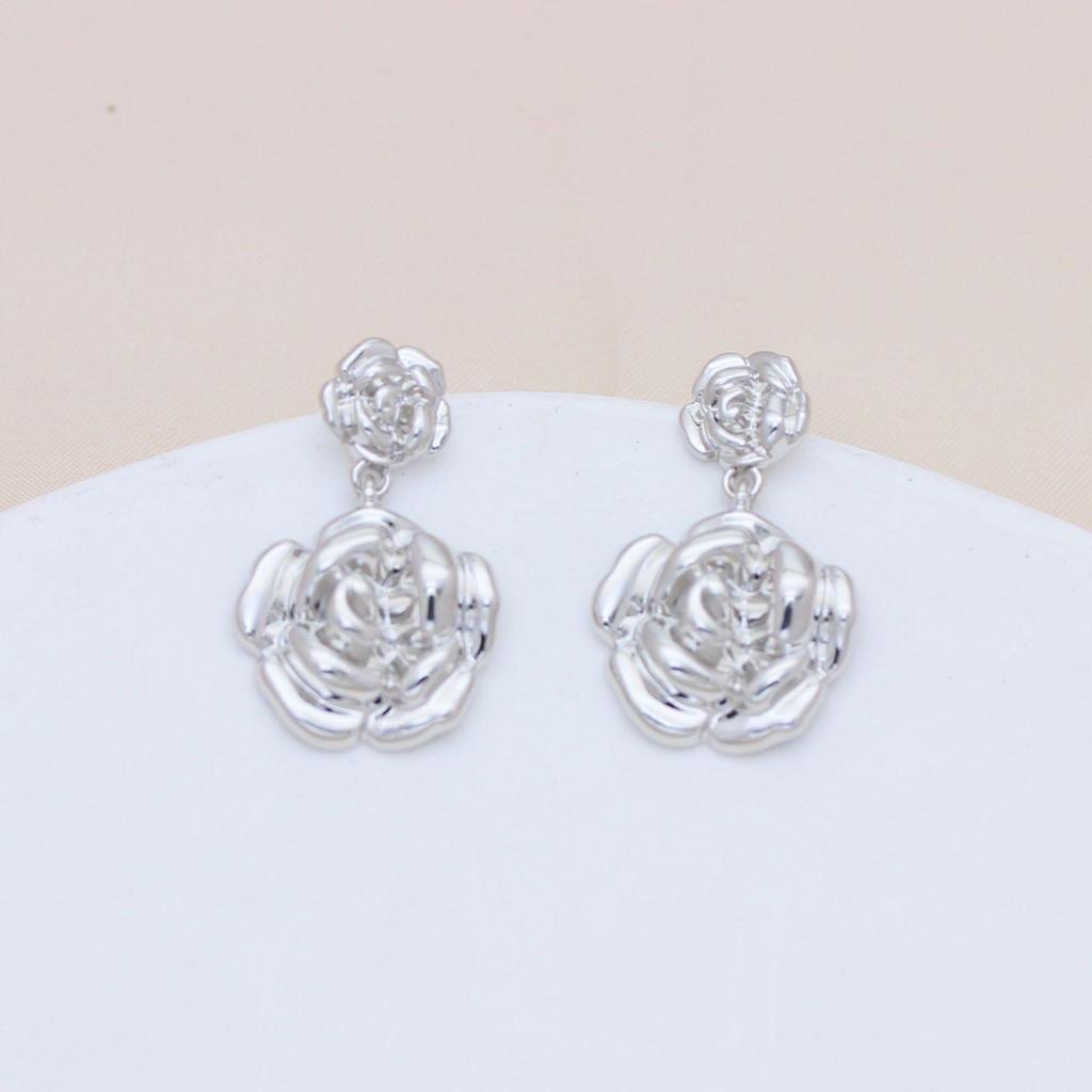 S925 Silver Floral Rose Stud Earrings with Gold Retention for Women