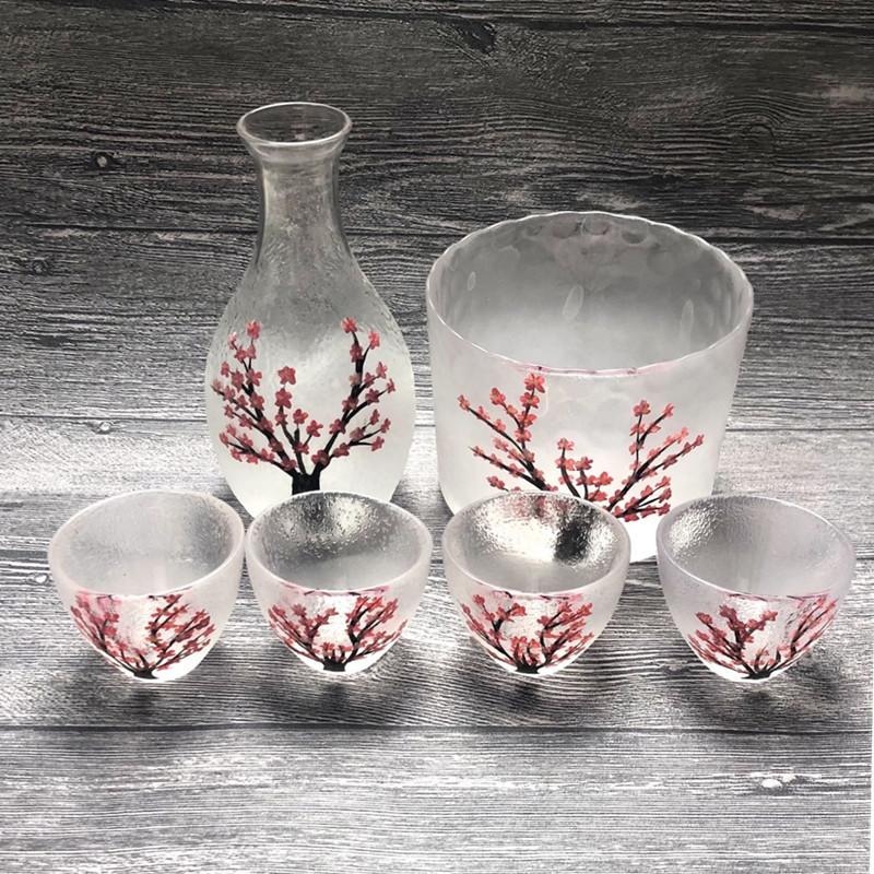 Japanese Retro Sake Set Hand Painted Plum Blossom Glass Sake Bottle Cups Warmer