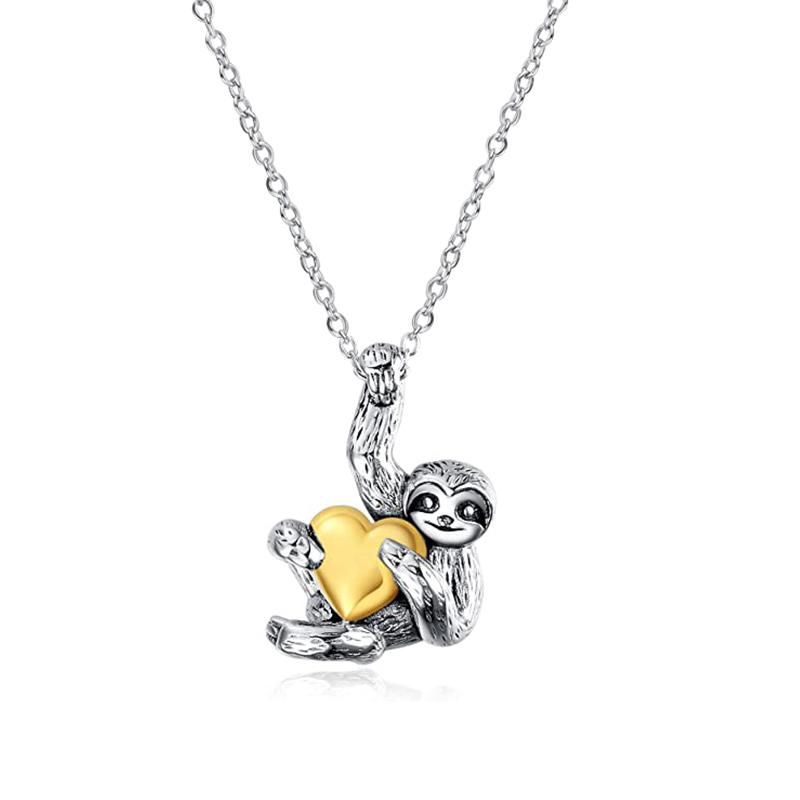 Cute Small Sloth Holding Heart Pendant Necklace For Women Girls Animal Jewelry Gift