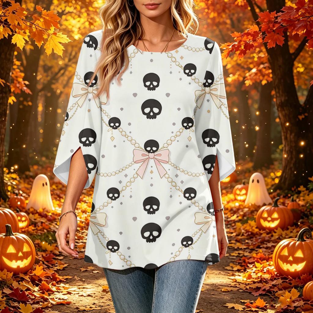 Women's Halloween Print Casual Top, Round Neck, Three-Quarter Sleeve, Loose Fit