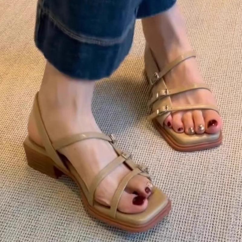 Fashion Sexy Women Heeled Sandals Designer Mid Heels Shoes Summer New Fad Square Toe Shallow Shoes 2025 Trend Elegant Chunky Lady Shoes