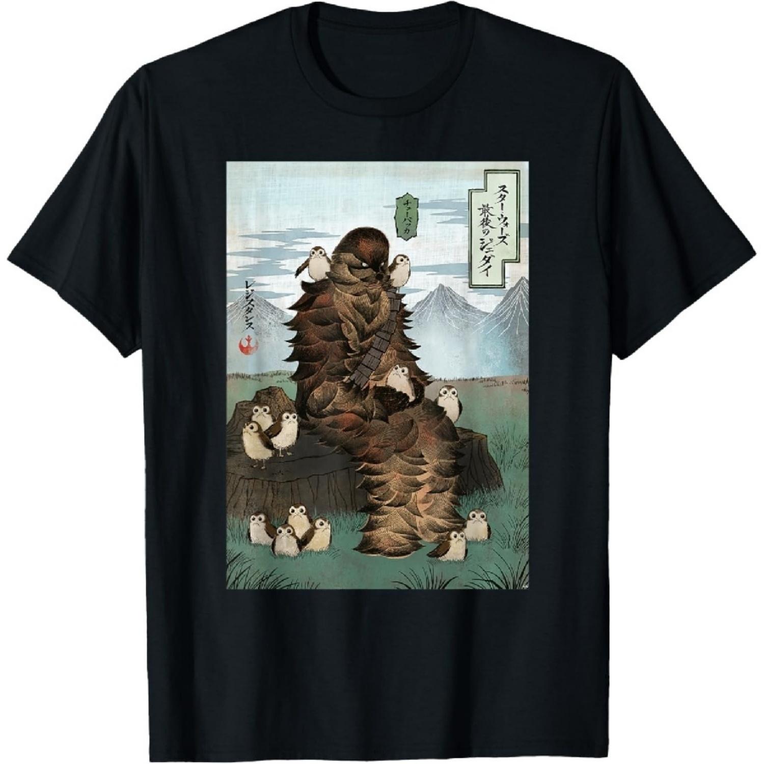 Star Wars Chewbacca and Porgs Japan Ukiyo-e Art Style T-Shirt S