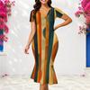 Women Plus Size V Neck Short Sleeve Multicolor Striped Printed Fitted Fishtail Dress