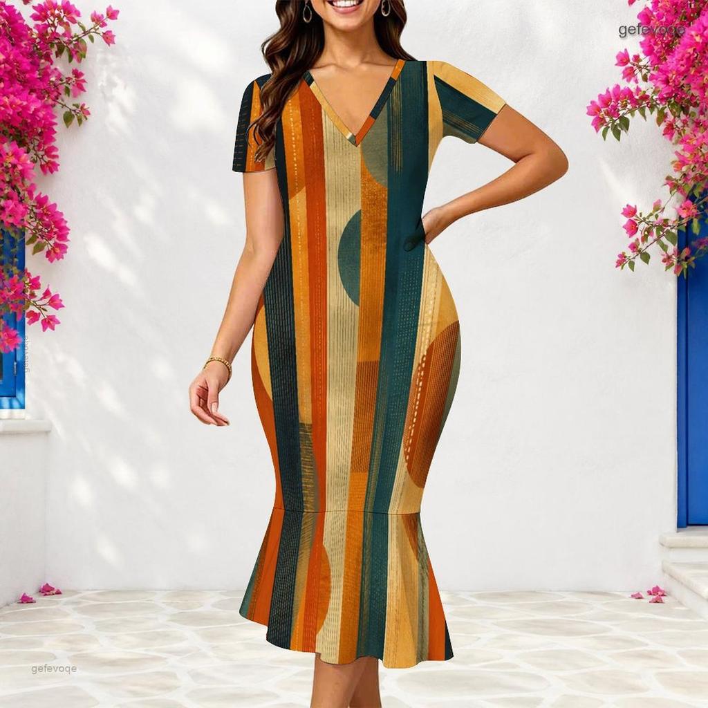 Women Plus Size V Neck Short Sleeve Multicolor Striped Printed Fitted Fishtail Dress