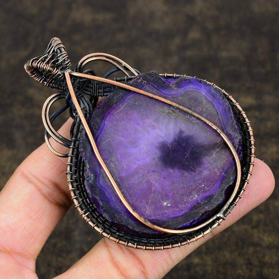Natural Purple Solar Quartz Gemstone Copper Wire Wrap Gift Pendant 3.31" E9P97