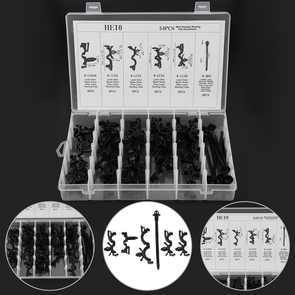54pcs Assorted Car Body Wiring Harness Fastener Wire Routing Clip Convoluted Conduit Clip