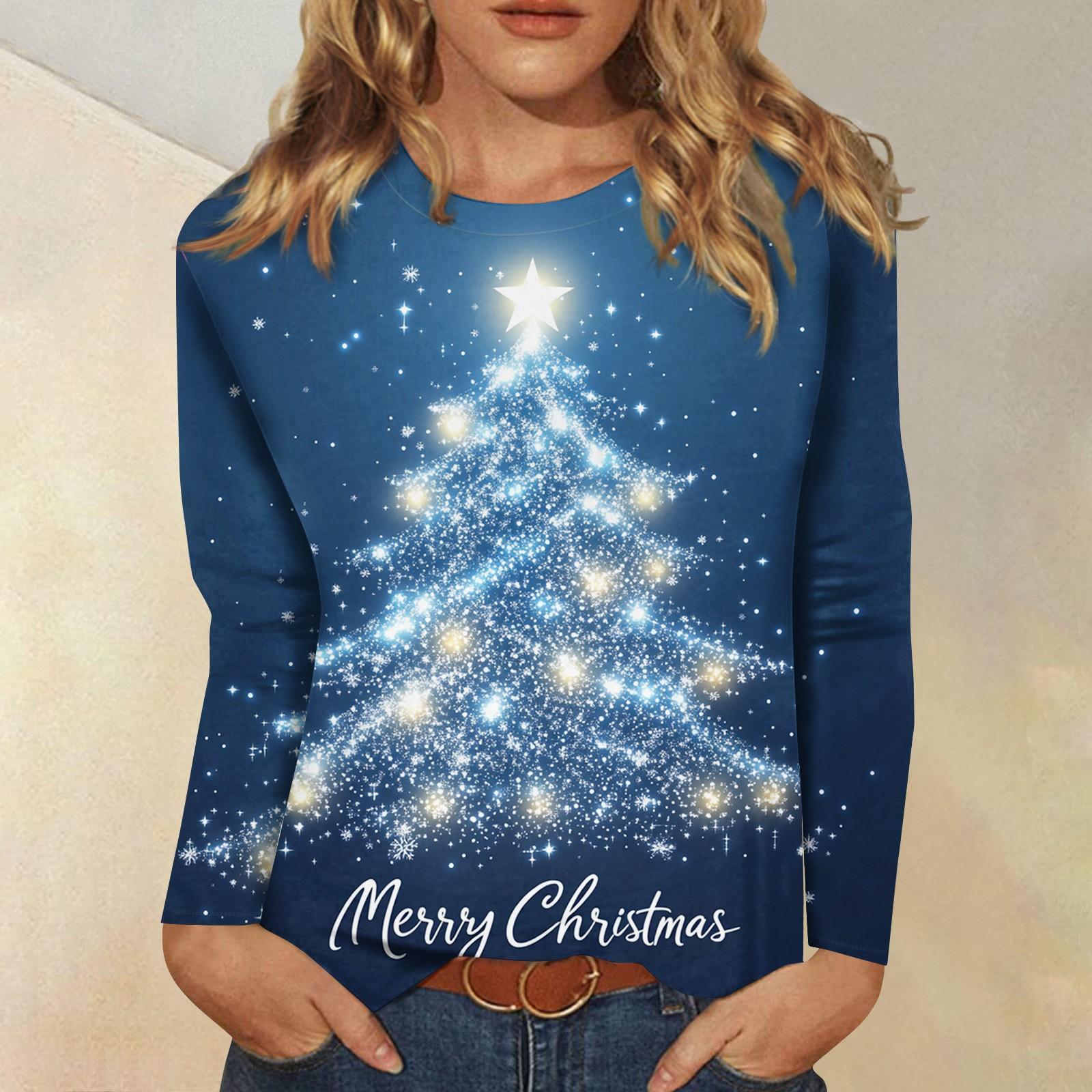 

Женская модная повседневная футболка с круглым вырезом и рождественским принтом и длинными рукавами S синий